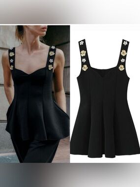 ZARA Jewel Embellished Preplum Stretch Top Black S NWT